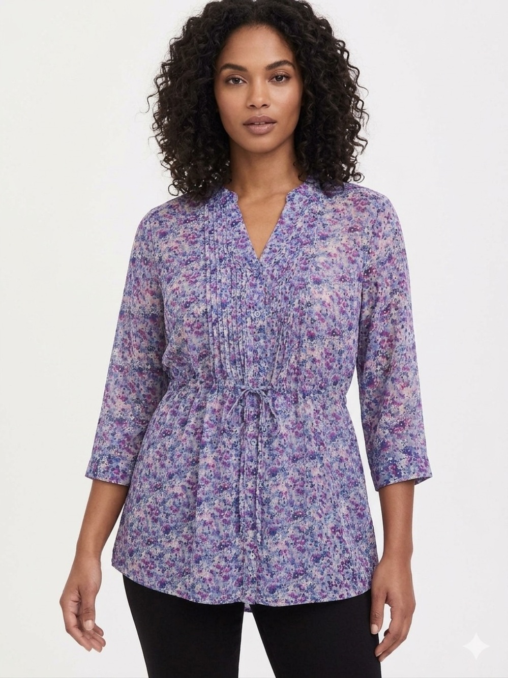 A.N.A. NWOT Blue & Purple Floral Button-Front Tunic Self Tie